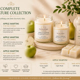 Apple Martini Complete Signature Collection displaying a 9 oz soy candle, 7 oz soy candle, and 2.5 oz luxury soy wax melt with premium bundle information and fresh apple styling.