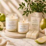 Apple Martini Complete Signature Collection featuring 9 oz and 7 oz handcrafted soy candles with an Apple Martini luxury soy wax melt on a cream marble background with fresh green apples and pears.