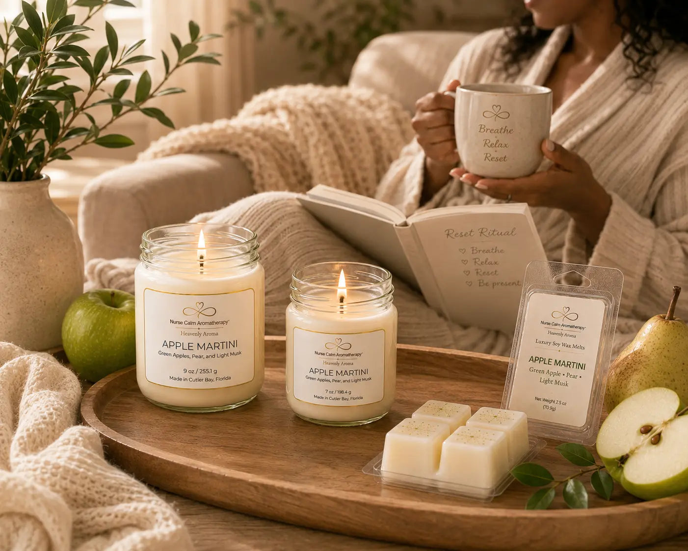 Apple Martini Complete Signature Collection creating a luxurious wellness experience with handcrafted soy candles, luxury wax melt, tea, and cozy home décor.