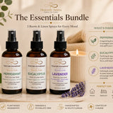 Essentials Bundle including Peppermint, Eucalyptus, and Lavender Room & Linen Sprays with wellness benefits and bundle contents displayed in a luxury spa-inspired setting.