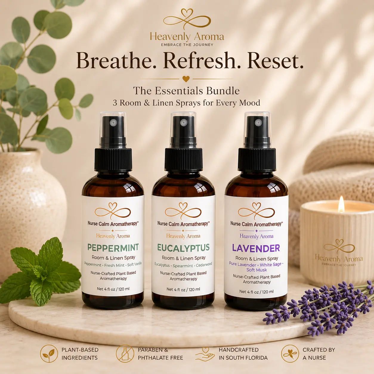 Luxury Essentials Bundle featuring Peppermint, Eucalyptus, and Lavender Room & Linen Sprays by Nurse Calm Aromatherapy on a spa-inspired cream background with botanical accents.