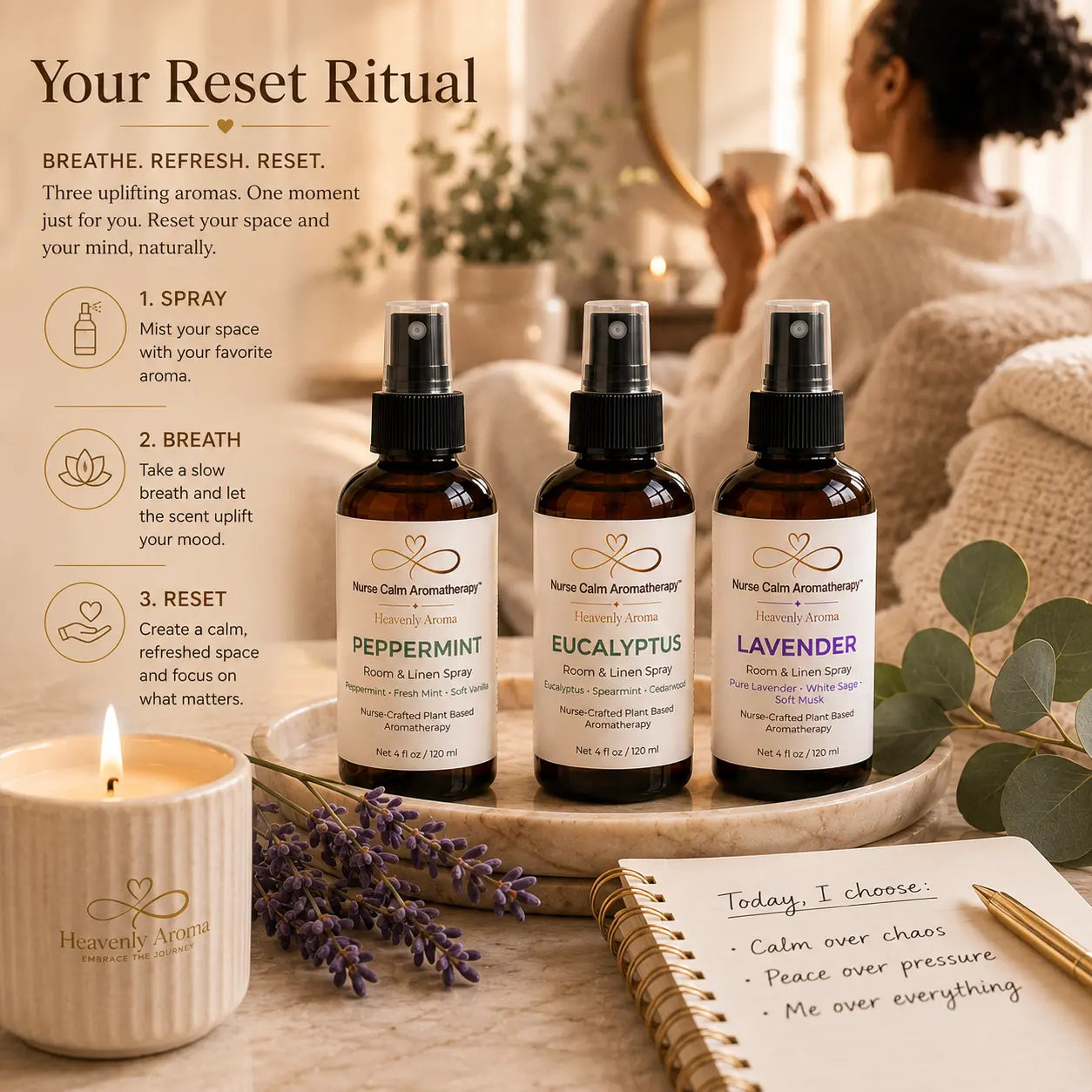 Signature Reset Ritual featuring the Essentials Bundle of Peppermint, Eucalyptus, and Lavender Room & Linen Sprays alongside a calming candle, botanicals, and wellness journal in a luxury spa setting.