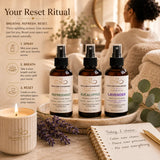 Signature Reset Ritual featuring the Essentials Bundle of Peppermint, Eucalyptus, and Lavender Room & Linen Sprays alongside a calming candle, botanicals, and wellness journal in a luxury spa setting.