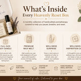 What's Inside Every Heavenly Reset Box infographic showing a nurse-crafted soy candle, wax melt, room spray or essential oil roller, and wellness inspiration card.