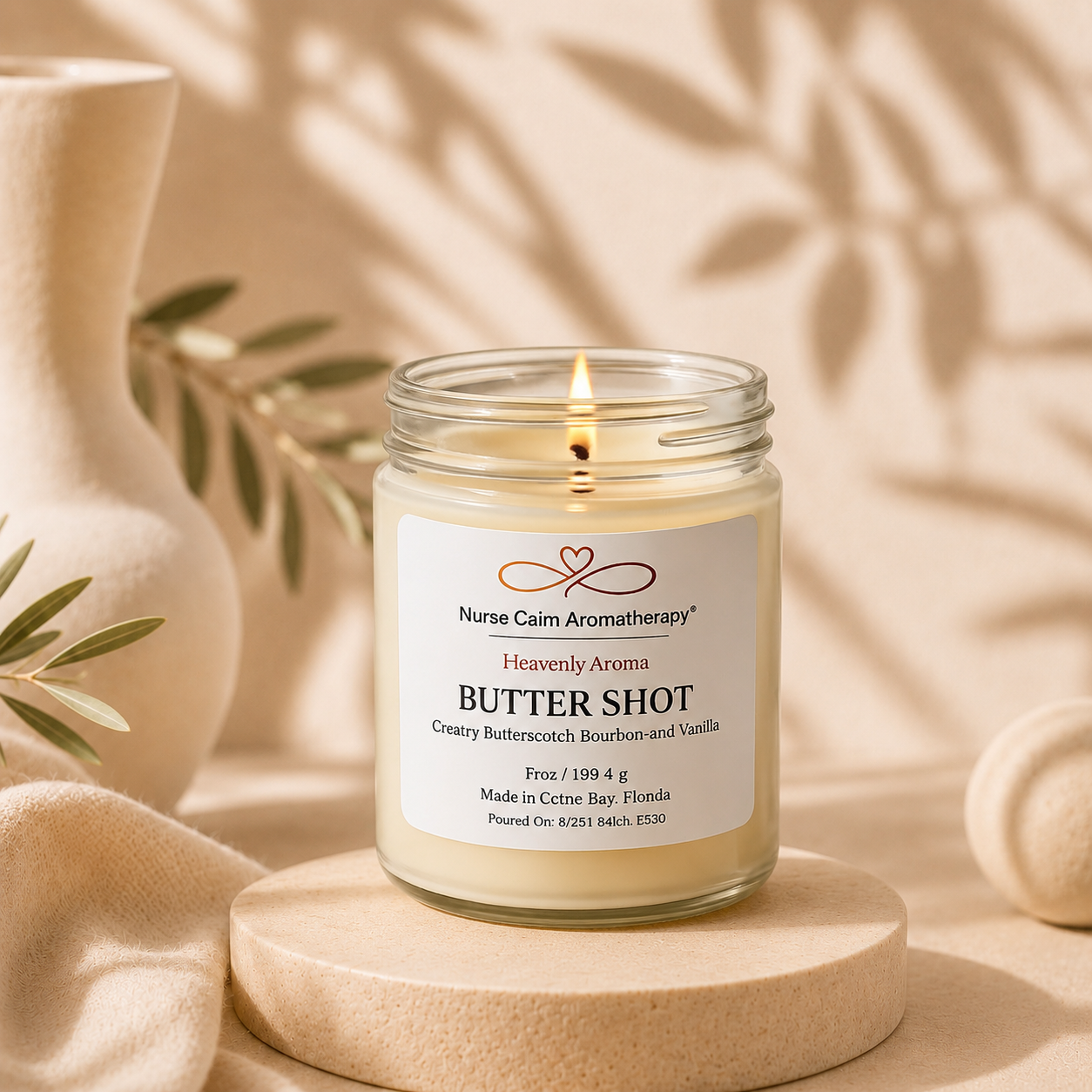 Candle in a jar labeled 'Butter Shot' by Nurse Cain Aromatherapy on a neutral background with leaves.