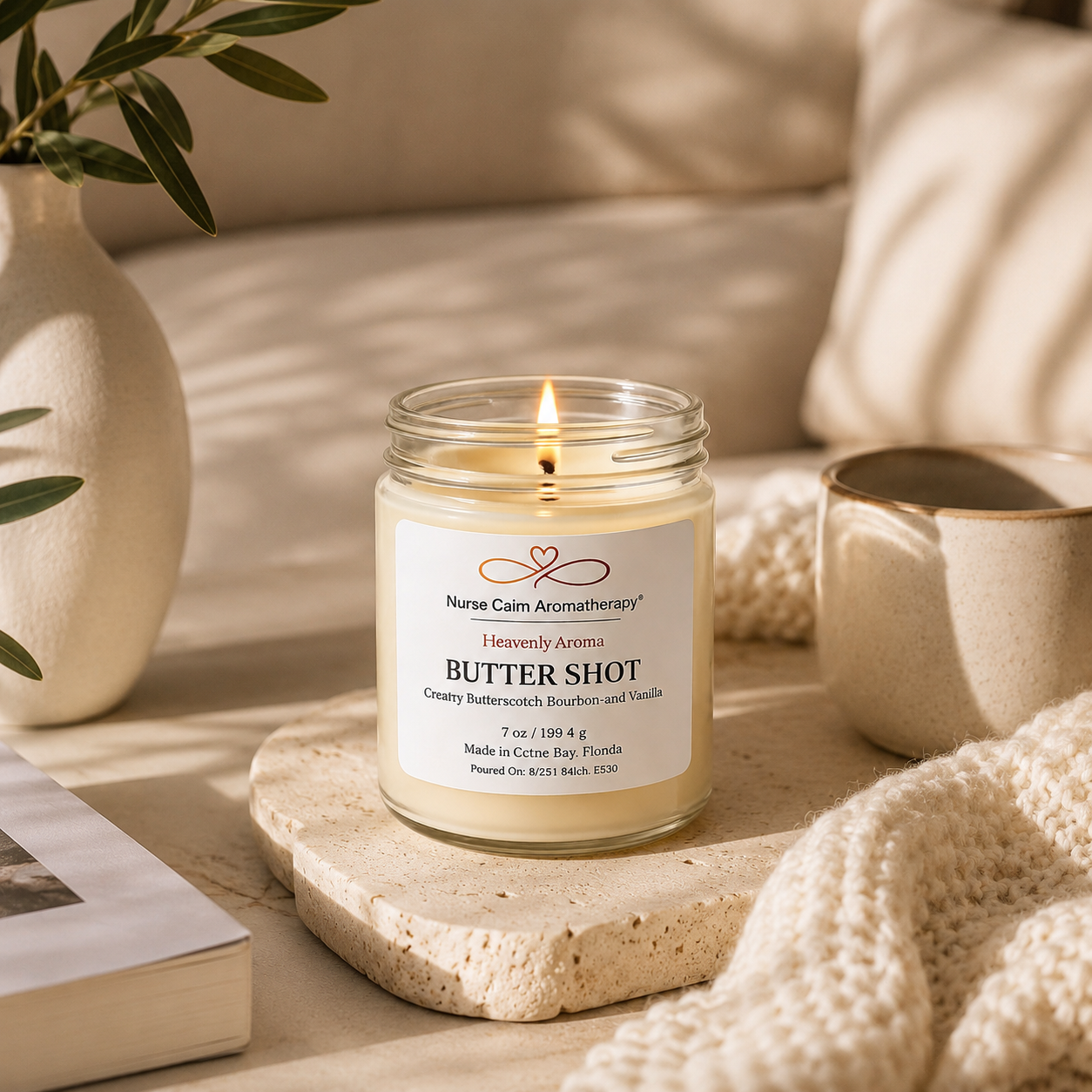 Butter Shot candle from Nurse Calm Aromatherapy on a wooden surface with a cozy background.