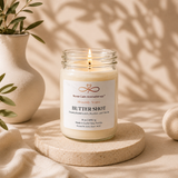 Butter Shot candle from Nurse Calm Aromatherapy on a wooden stand with a neutral background