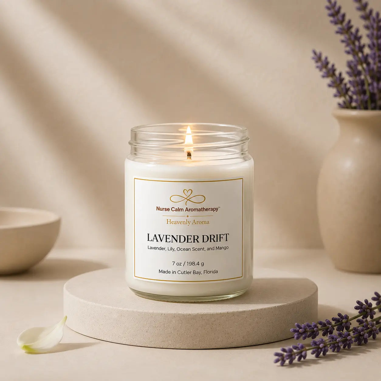 Lavender drift Tropical Soy Candle handcrafted by Nurse Calm Aromatherapy