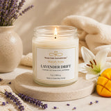 Lavender drift soy candle with tropical coconut and bamboo fragrance in spa-inspired setting