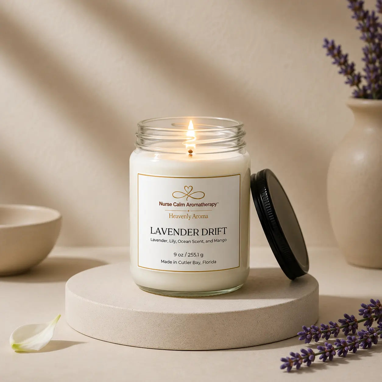 Lavender drift Tropical Soy Candle handcrafted by Nurse Calm Aromatherapy