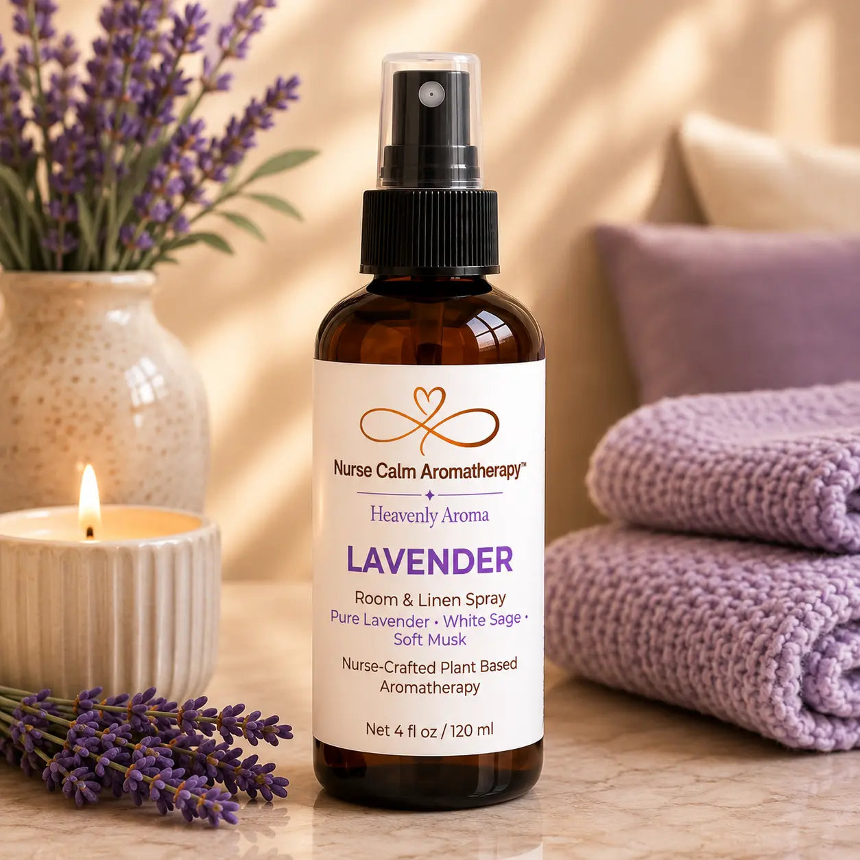 Lavender Room & Linen Spray by Nurse Calm Aromatherapy™ featuring pure lavender, white sage, and soft musk in a luxury spa setting.