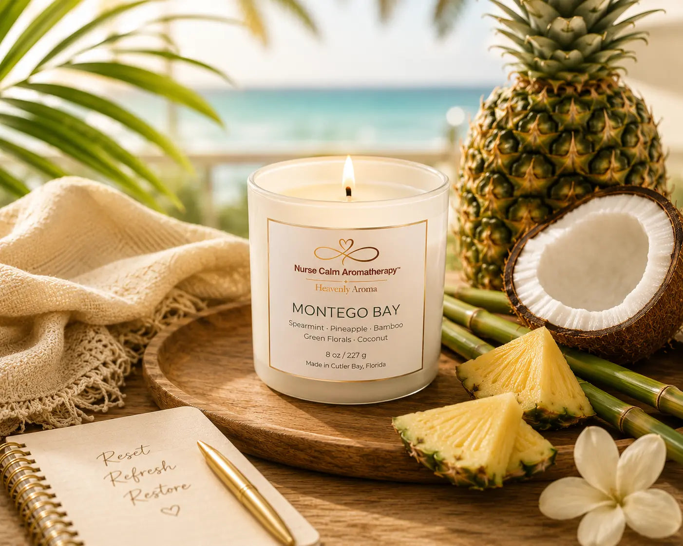 Montego Bay soy candle with tropical coconut and bamboo fragrance in spa-inspired setting