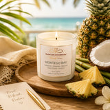 Montego Bay soy candle with tropical coconut and bamboo fragrance in spa-inspired setting