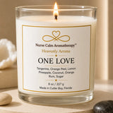 One Love luxury soy candle label handcrafted by a Registered Nurse