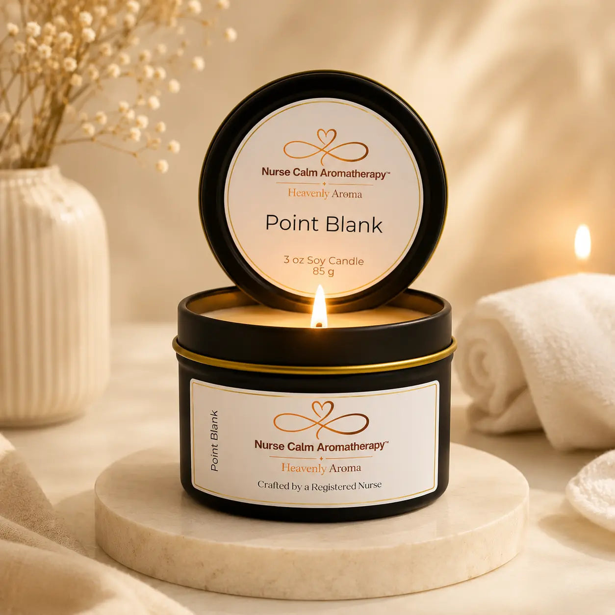 Nurse Calm Aromatherapy candle with a lit flame on a neutral background