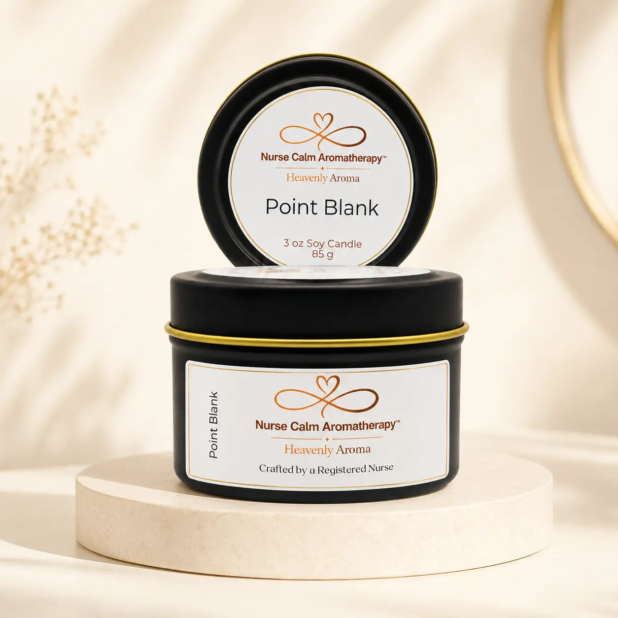 Nurse Calm Aromatherapy candle with black lid on a beige background