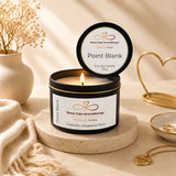 Nurse Calm Aromatherapy candle labeled 'Point Blank' on a neutral background with decorative elements.
