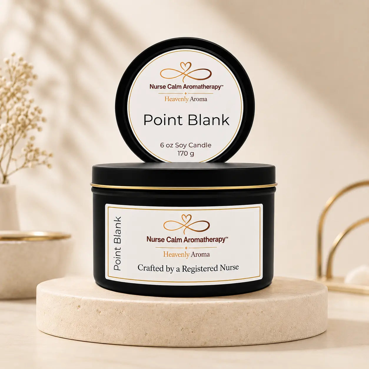 Nurse Calm Aromatherapy candle on a beige pedestal with a neutral background