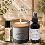 Aromatherapy products including a candle, roller bottle, and spray bottle with 'Nurse Calm Aromatherapy™ by Heavenly Aroma' branding on a neutral background.