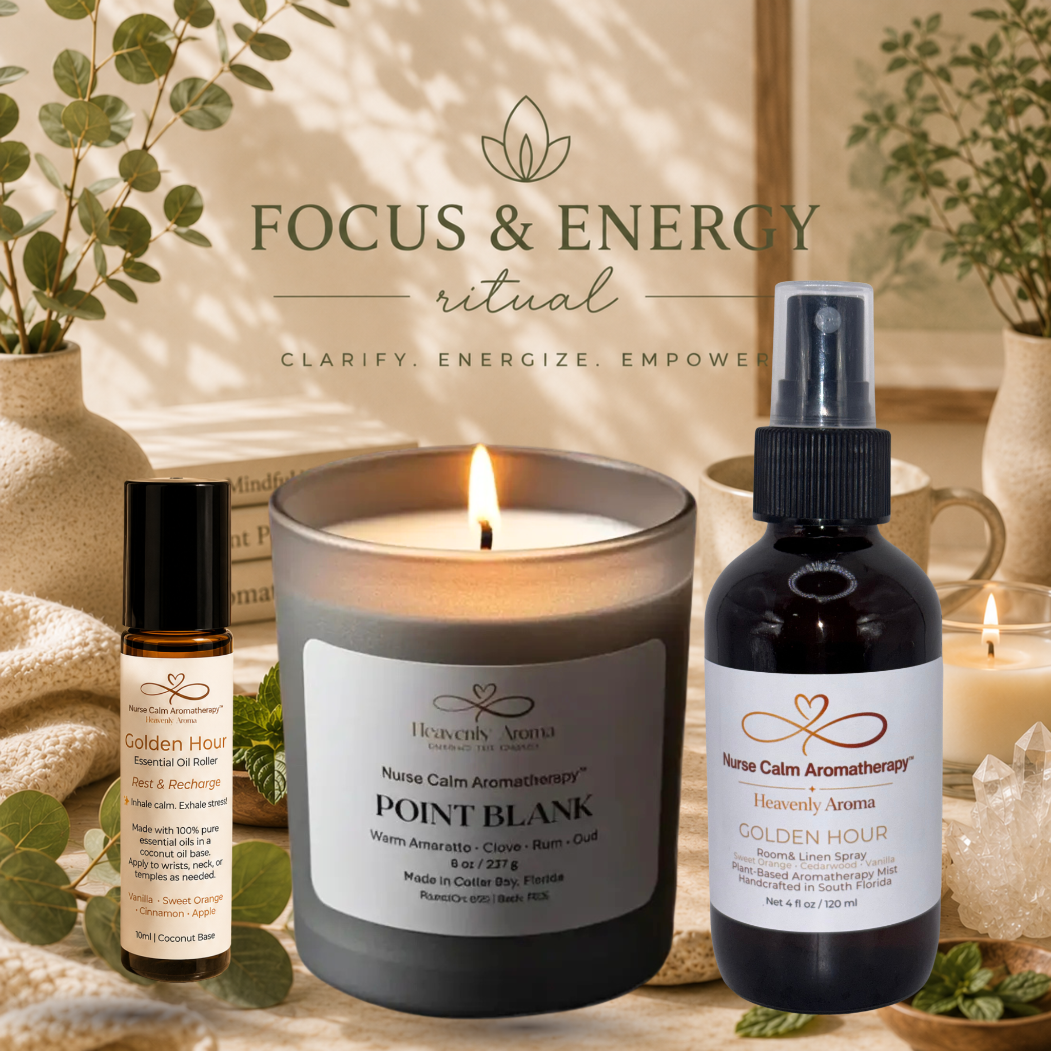 Aromatherapy products including a candle, roller bottle, and spray bottle with 'Nurse Calm Aromatherapy™ by Heavenly Aroma' branding on a neutral background.