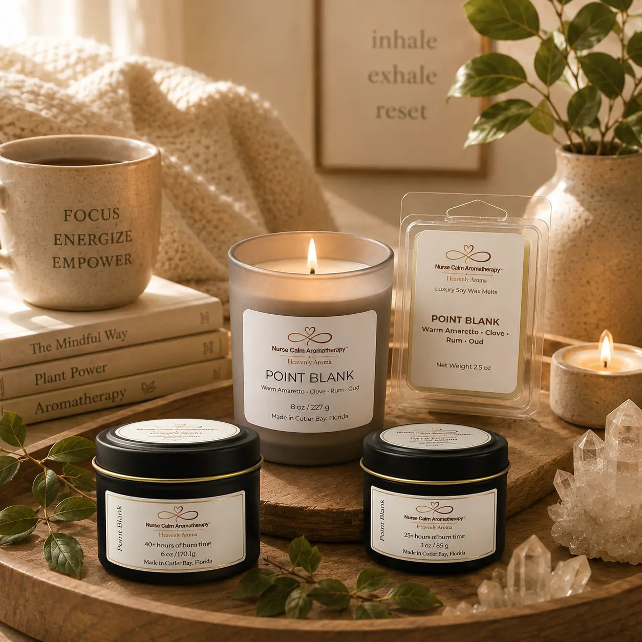 Point Blank Mini Power Set arranged in a calming wellness space with cozy décor, creating a relaxing aromatherapy experience for home.