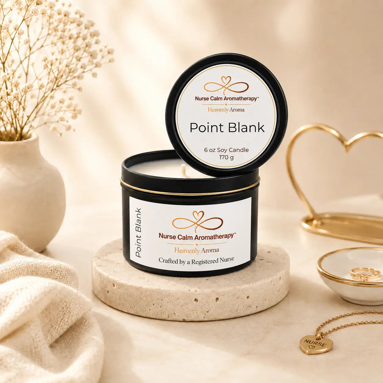 Nurse Calm Aromatherapy candle with decorative elements on a neutral background