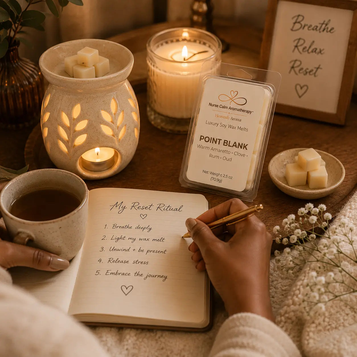 Point Blank Luxury Soy Wax Melts displayed during a calming Reset Ritual with journaling, candlelight, a ceramic wax warmer, and peaceful surroundings.