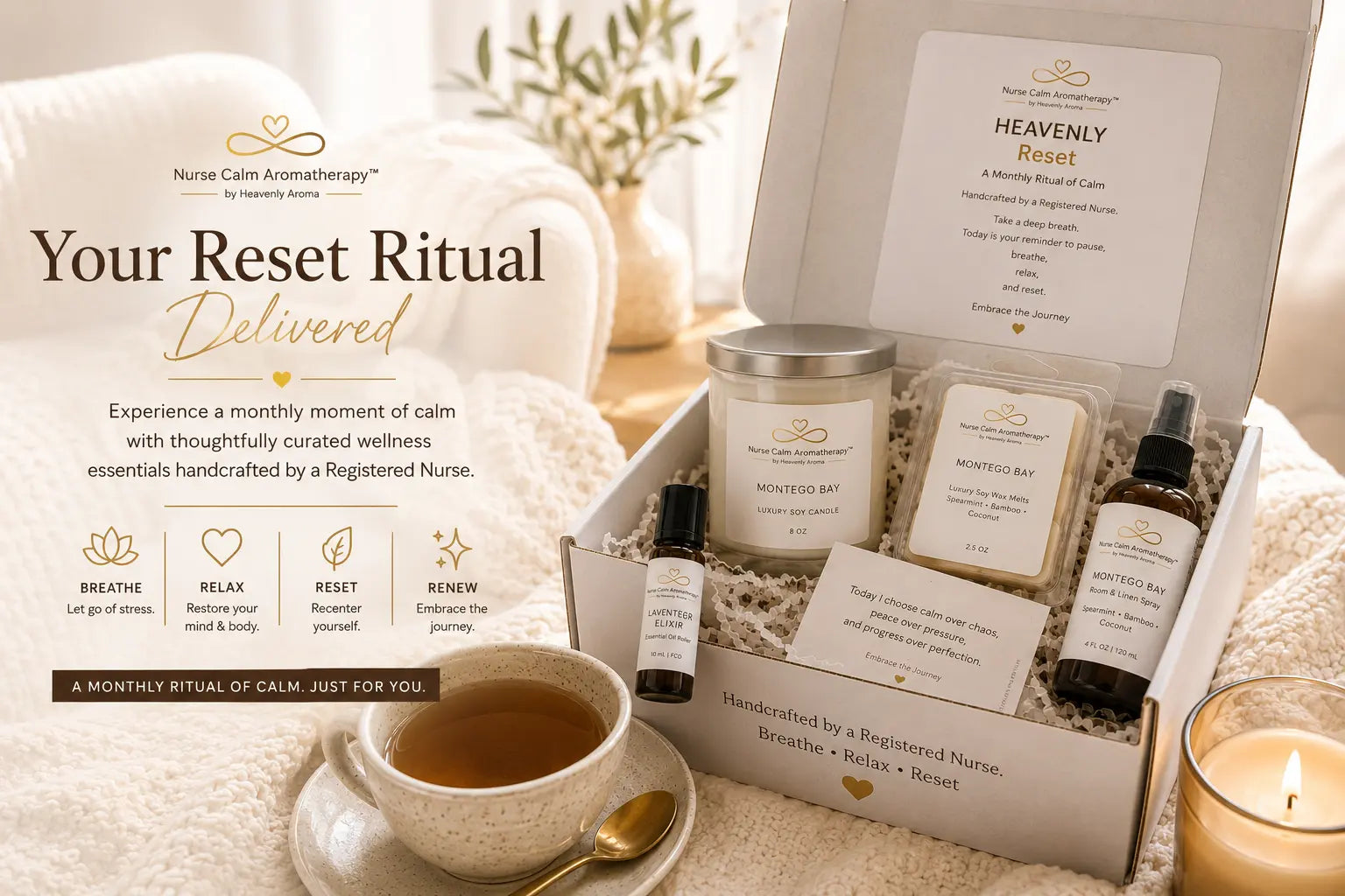 Heavenly Reset Box lifestyle scene featuring nurse-crafted wellness products for a calming monthly reset ritual.