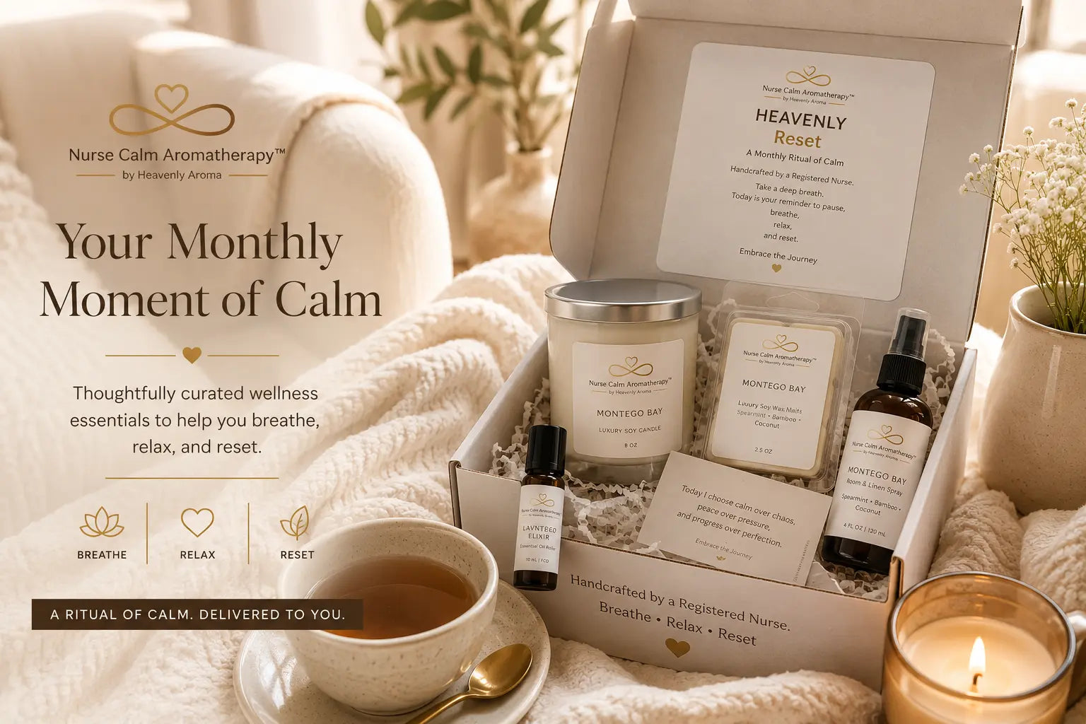 Heavenly Reset Box wellness subscription with nurse-crafted candle, spray, wax melt, and essential oil roller.