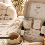Heavenly Reset Box wellness subscription with nurse-crafted candle, spray, wax melt, and essential oil roller.